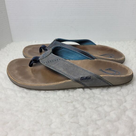 OluKai Nui Sandal Mens Flip Flop Size 12 Tan Gray Leather Sandals - Picture 3 of 11